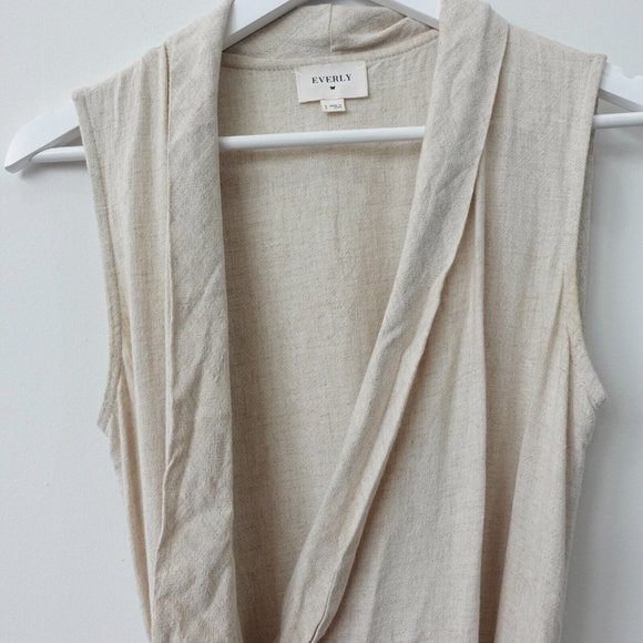 Everly Dress Size Small Linen Wrap Short Mini Casual Surplice Sundress Beige - Picture 2 of 10